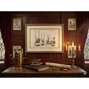 Edmund A Fratus Original Watercolor Ink Shrimp Boats Nautical Framed Art